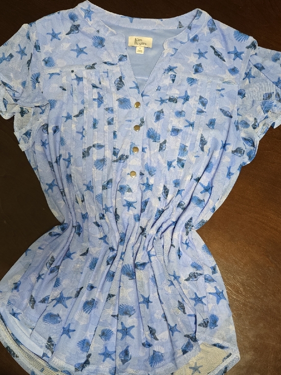 Kim Rogers Tops - Kim Rogers Light Blue Seashell & Starfish Button-Front Top